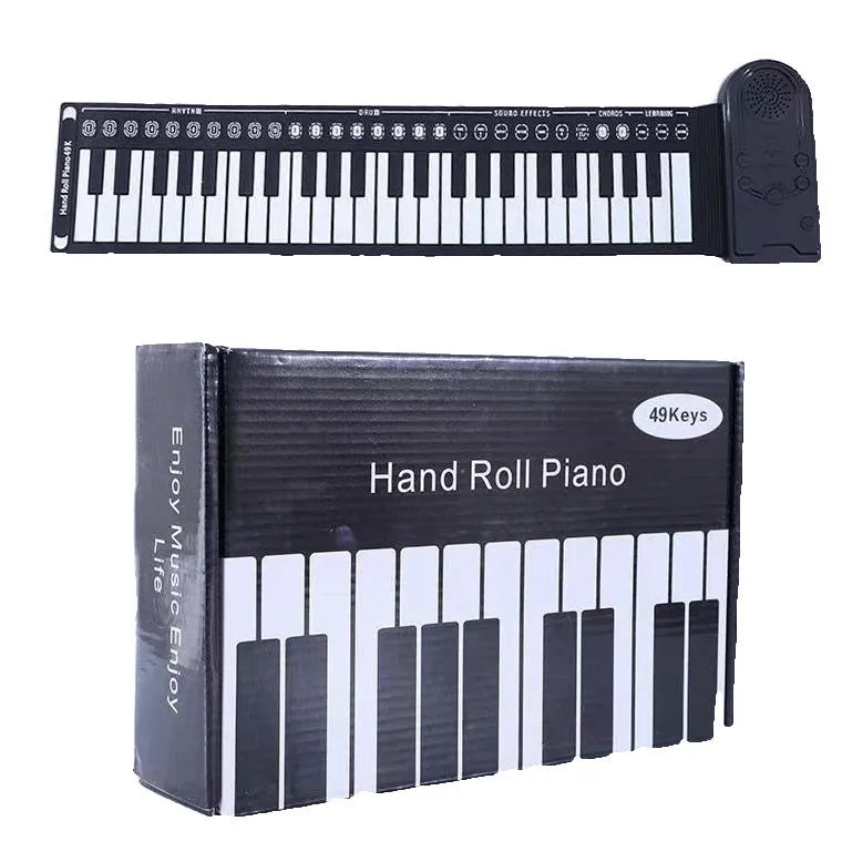 Compact folding electronic keyboard with 49 black silicone keys, shown in gloss black finish, rolled for storage next to its control panel.