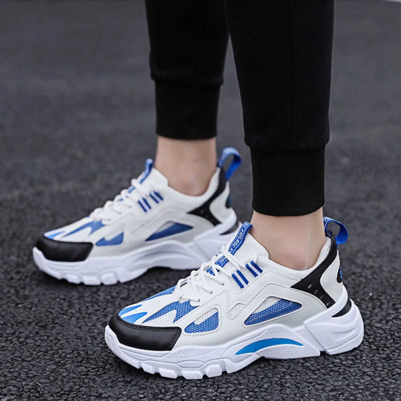Men's white non-slip sneakers for walking and running, available in black, black red, and white blue
