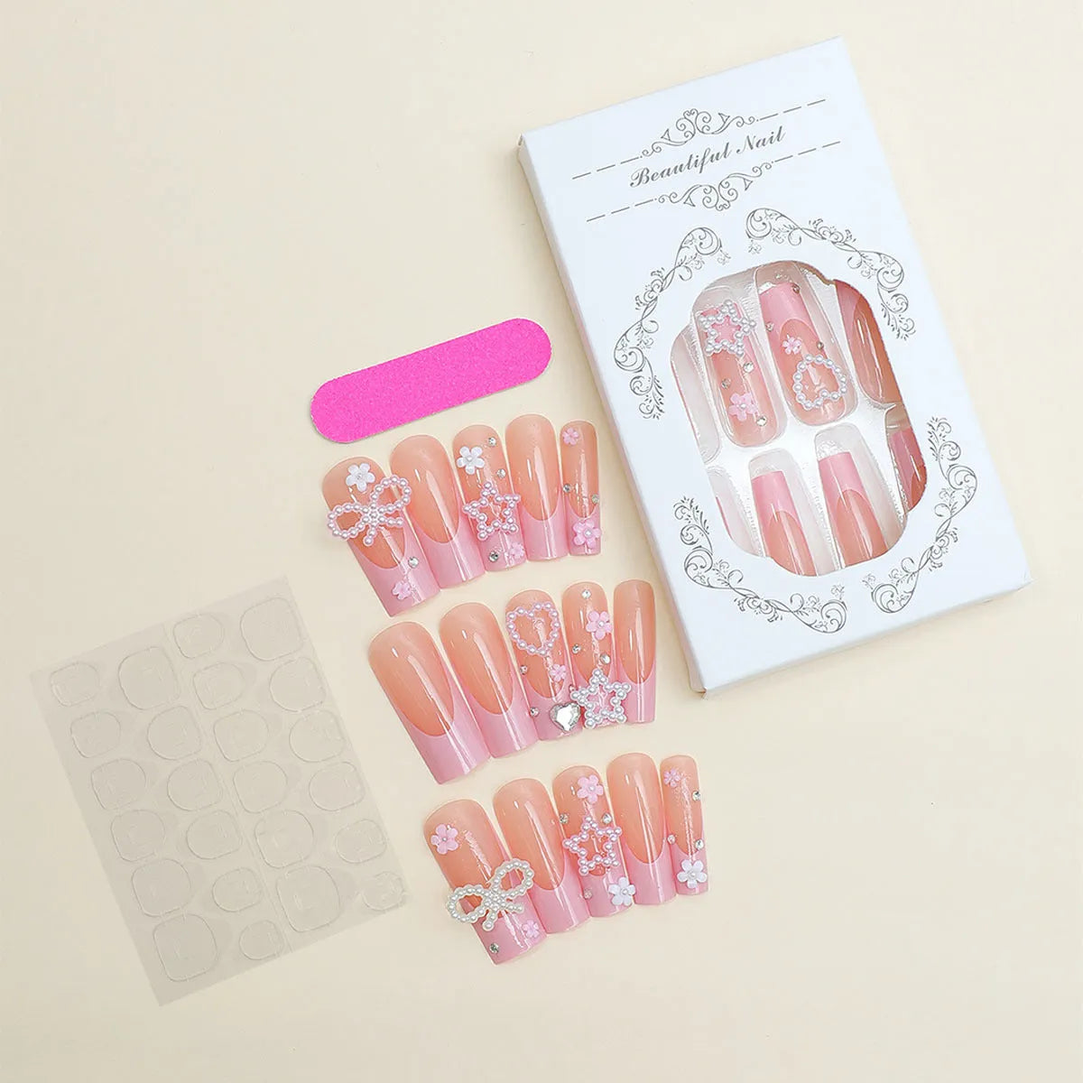 Super long water pipe French spot drill bow wear nail design in XB-70-48 colour with love pattern.