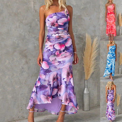 Women's one-shoulder floral print summer dress in purple, red, or sky blue