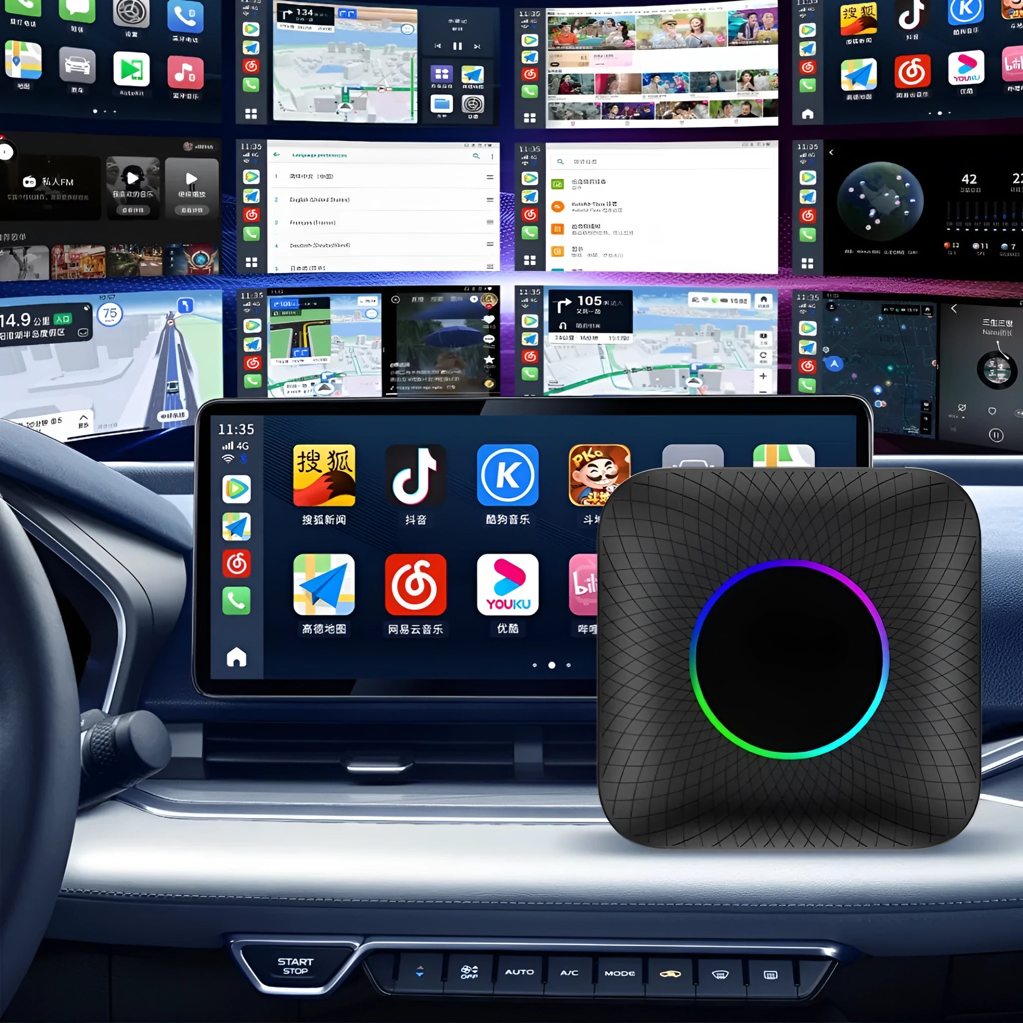 Compact square wireless CarPlay adapter box for cars with factory wired CarPlay systems.
