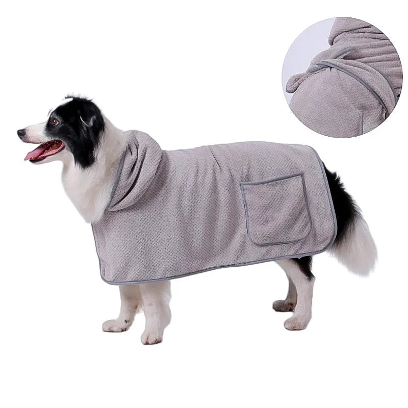 Blue dog bath robe towel with adjustable waistband wrapped around a dog, showing soft fleece material.