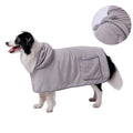 Blue dog bath robe towel with adjustable waistband wrapped around a dog, showing soft fleece material.