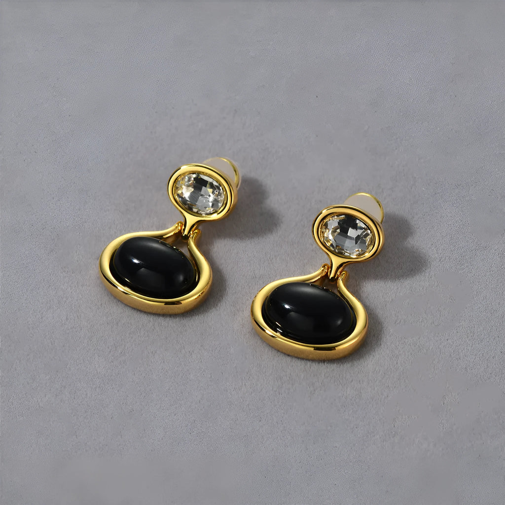 Pair of 18K gold-plated geometric earrings with black onyx and diamonds, 28mm x 18.5mm, gold colour