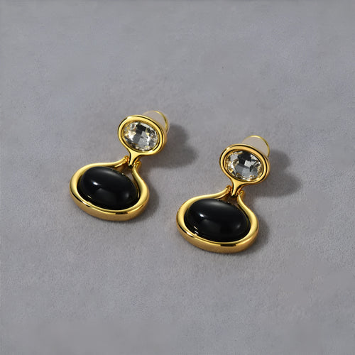 Pair of 18K gold-plated geometric earrings with black onyx and diamonds, 28mm x 18.5mm, gold colour
