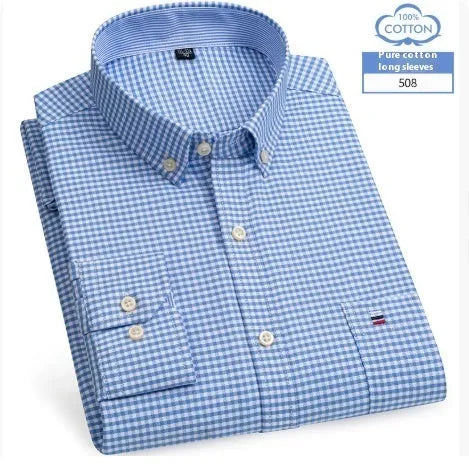 Men's long sleeve pure cotton plaid shirt, casual spring style, available in sizes 38 to 47