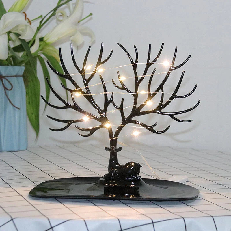 Deer antler jewelry stand in white and black, organising earrings and necklaces