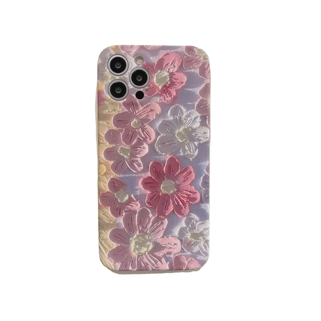Silicone phone case with oil painting pink flower design for iPhone models, rear cover type