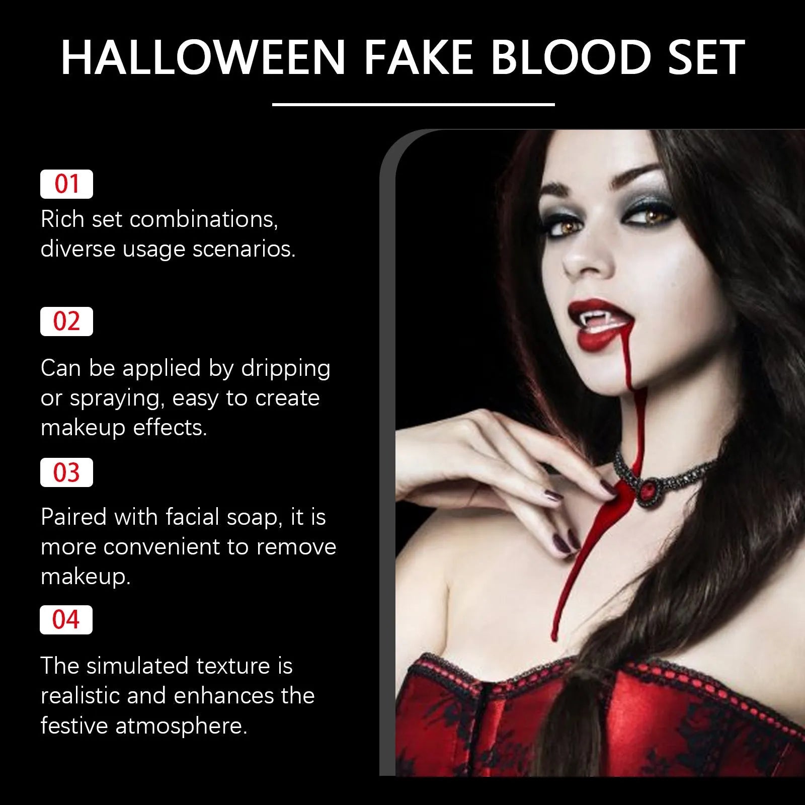 Halloween fake blood makeup set with plasma drops bottle, spray bottle and facial soap