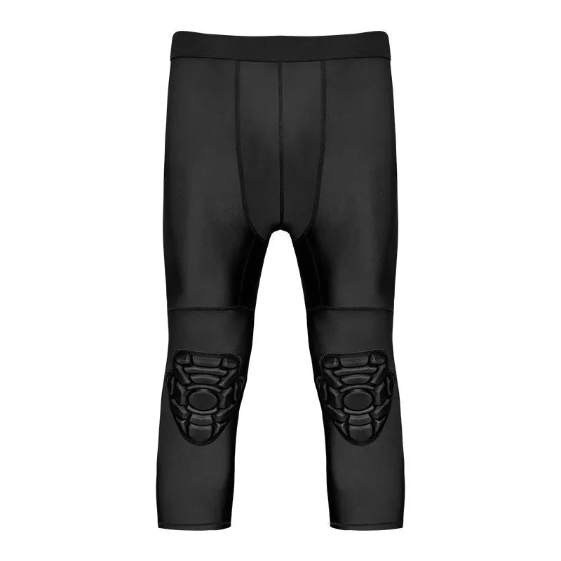Men's basketball tight cropped leggings with integrated anti-collision knee pad, TWA 0205 Black
