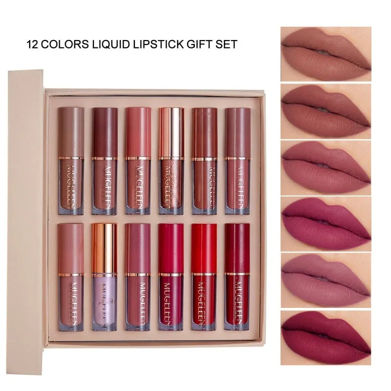 Matte shimmer lip glaze set with 12 non-stick cup colours in packaging