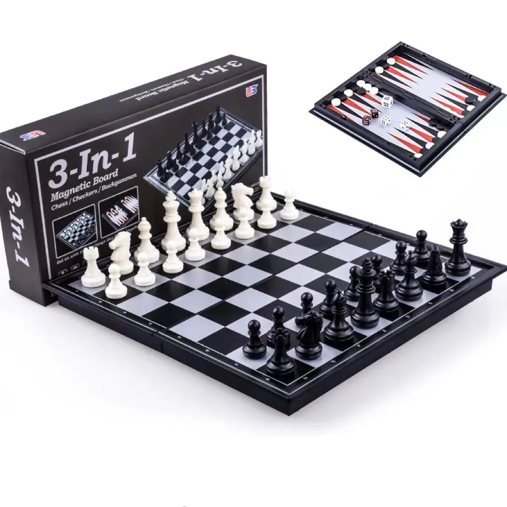 Three-in-one magnetic chess checkers backgammon board game set with plastic board and ABS pieces