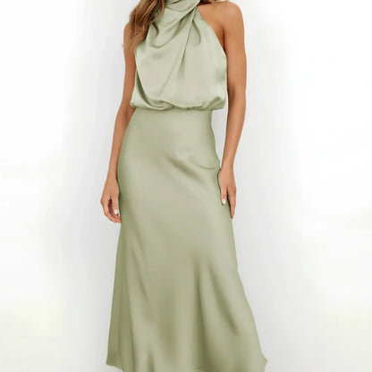 Sleeveless polyester dress in navy blue, 125.8cm length size L, bust 103cm for women's evening parties