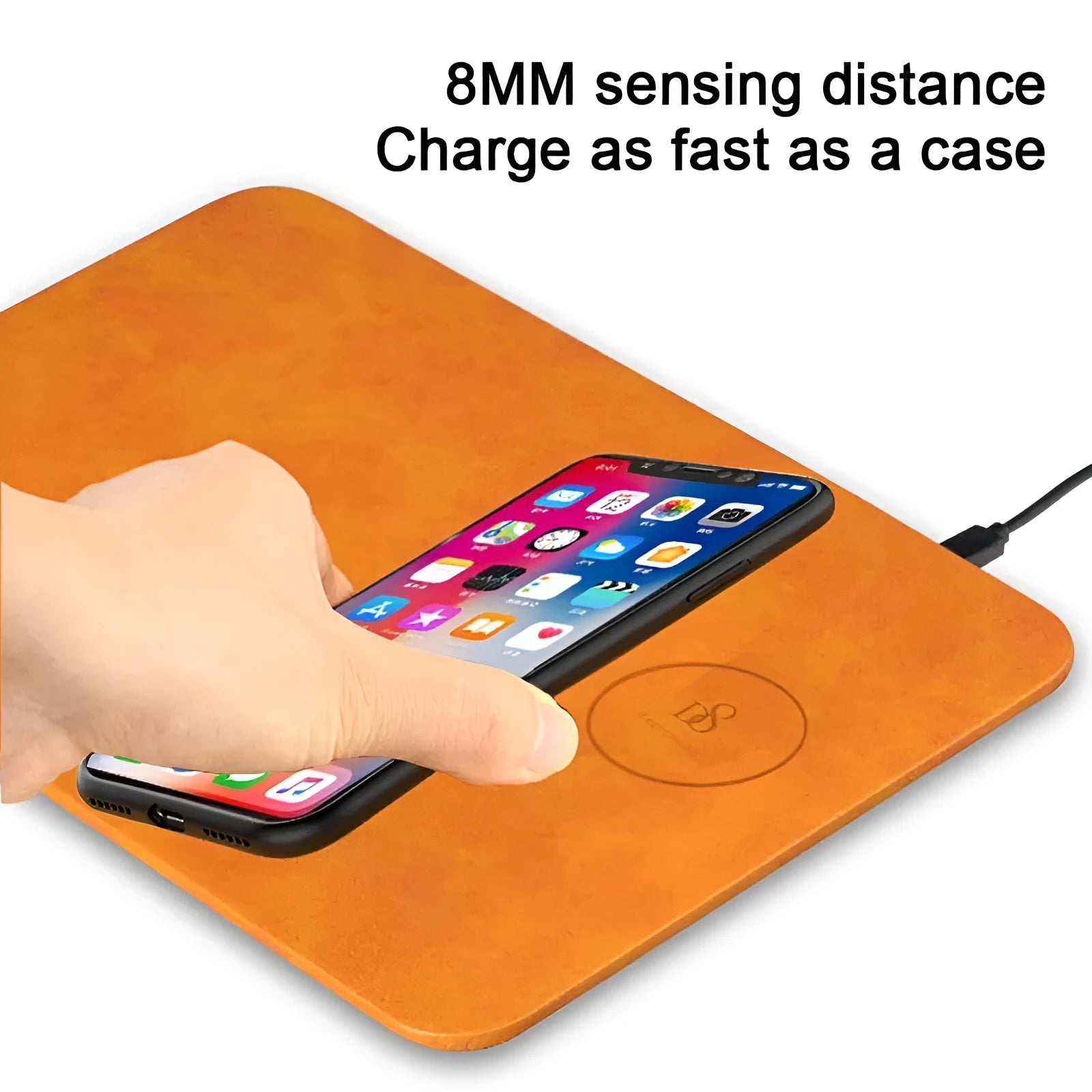 Brown leather-texture wireless charging mouse pad with micro USB cable for Qi-enabled devices.