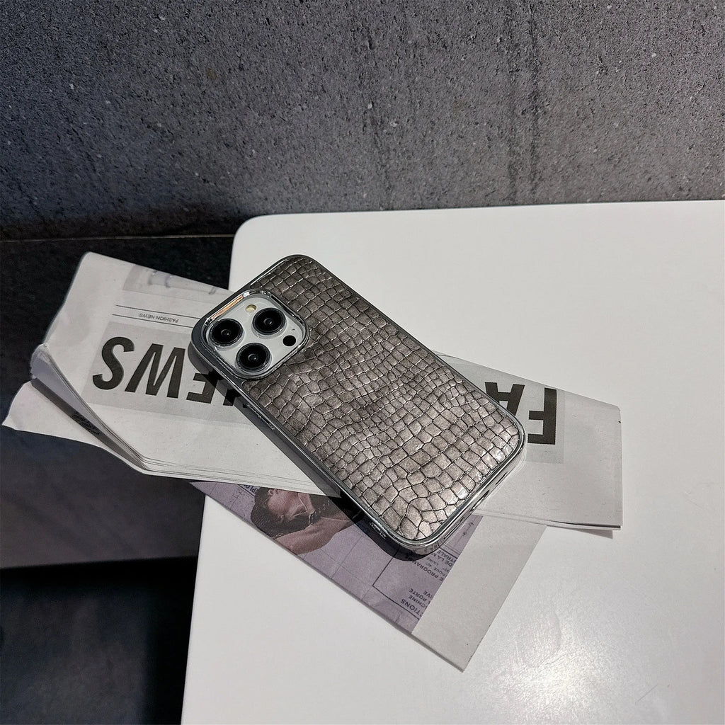 Advanced anti-fall phone case for iPhone 11-16 series, glossy crocodile pattern imitation leather, black colour