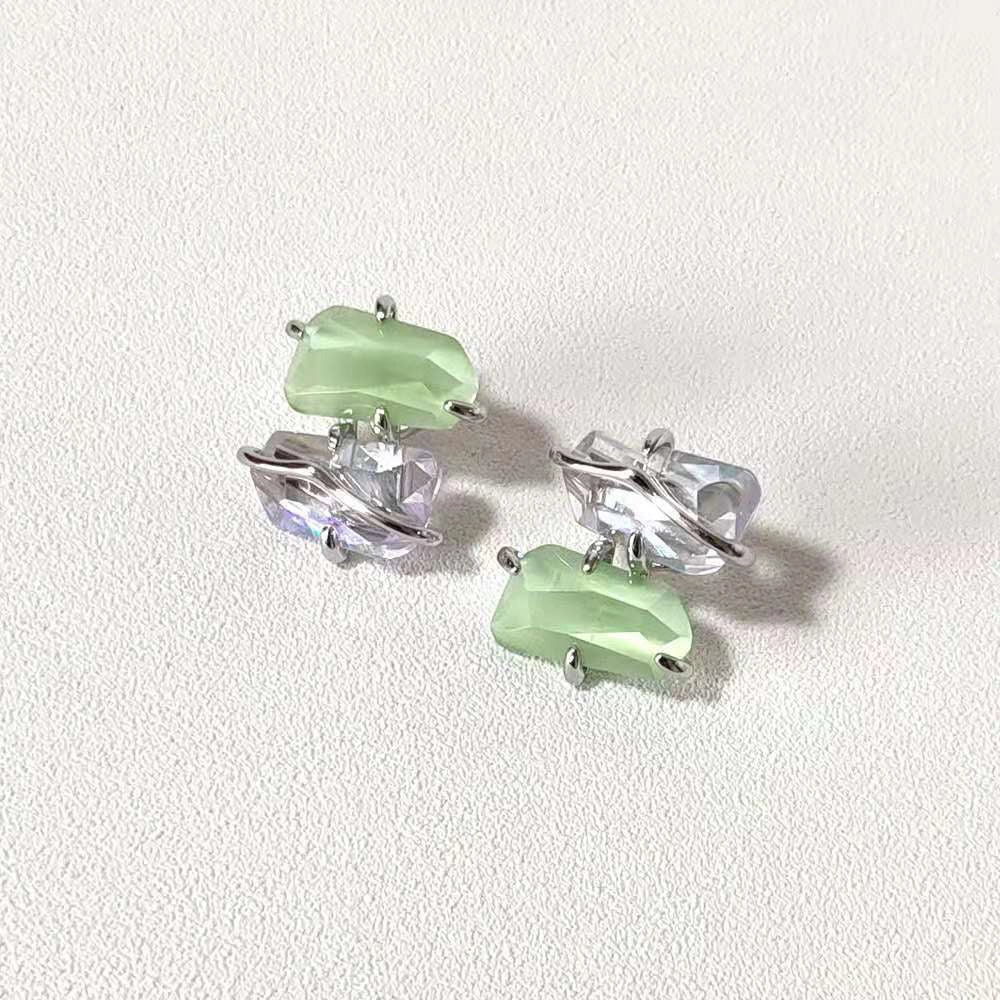 Women's Peach Blossom Spar Earrings in copper with zircon mosaic, available in pink, red, and green.