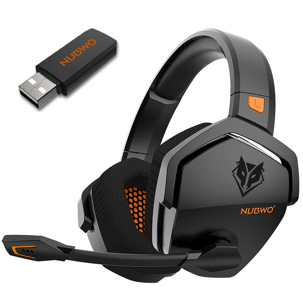 Black and orange wireless gaming headset with 50mm drivers showing ear cushions and headband design