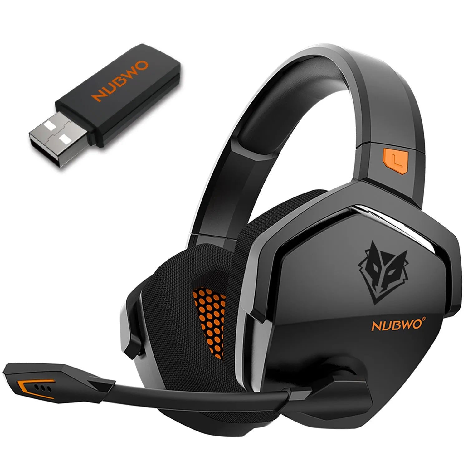 Black and orange wireless gaming headset with 50mm drivers showing ear cushions and headband design