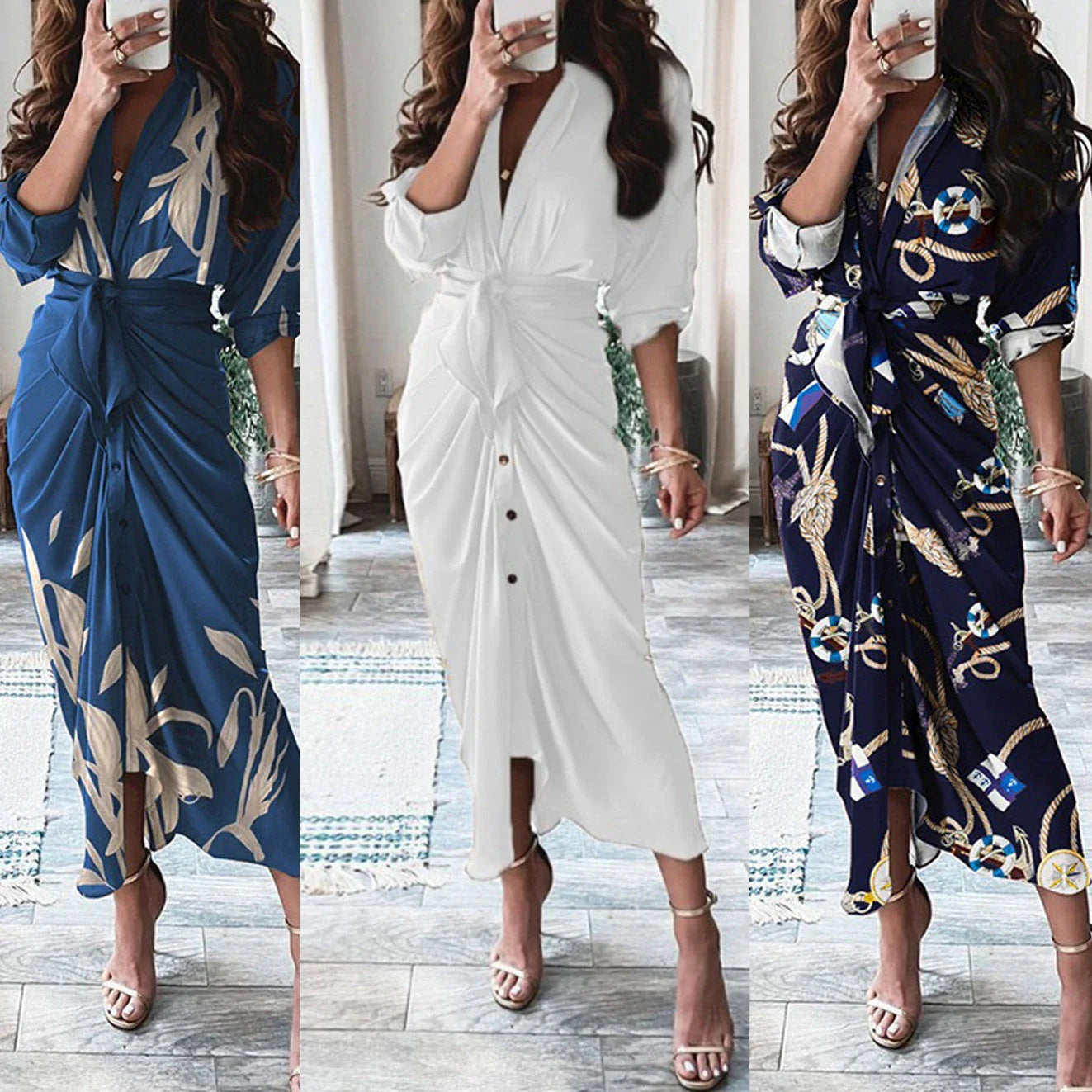 Elegant and chic floral print long-sleeved lace-up maxi dress with deep v-neck and empire waist