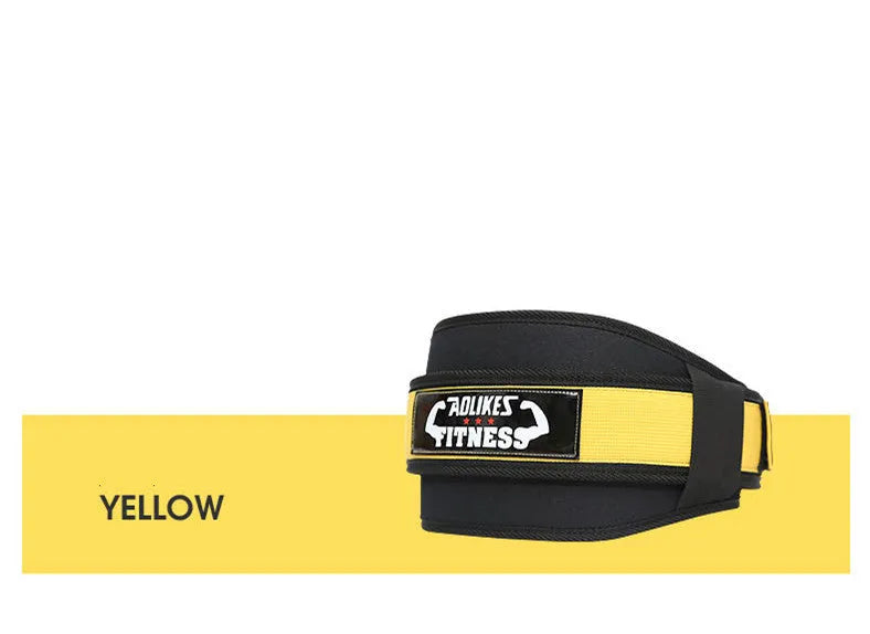 Nylon fitness weightlifting waistband for adults in black, red, or yellow colours, available in L, M, and XL sizes.