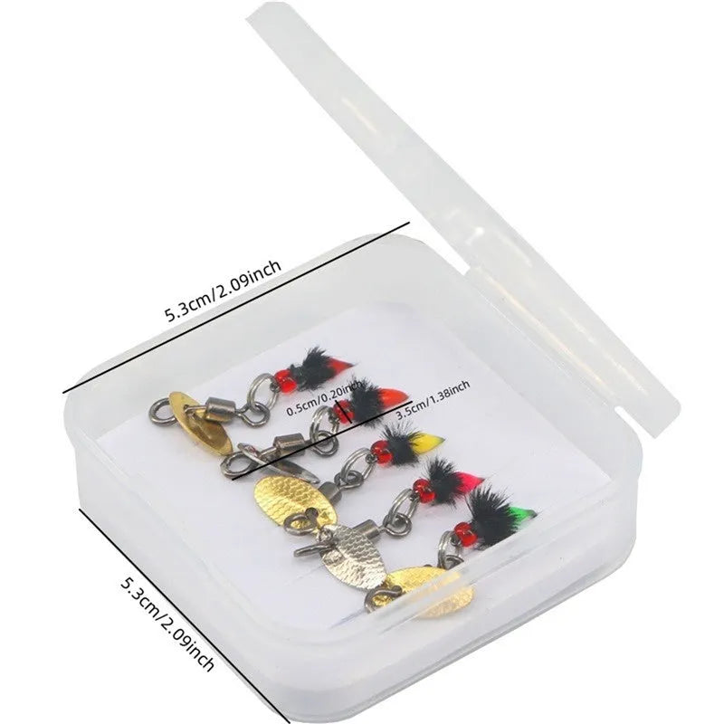 Five bionic poisonous mosquito and fly fishing hooks with multicolour patterns and sequins