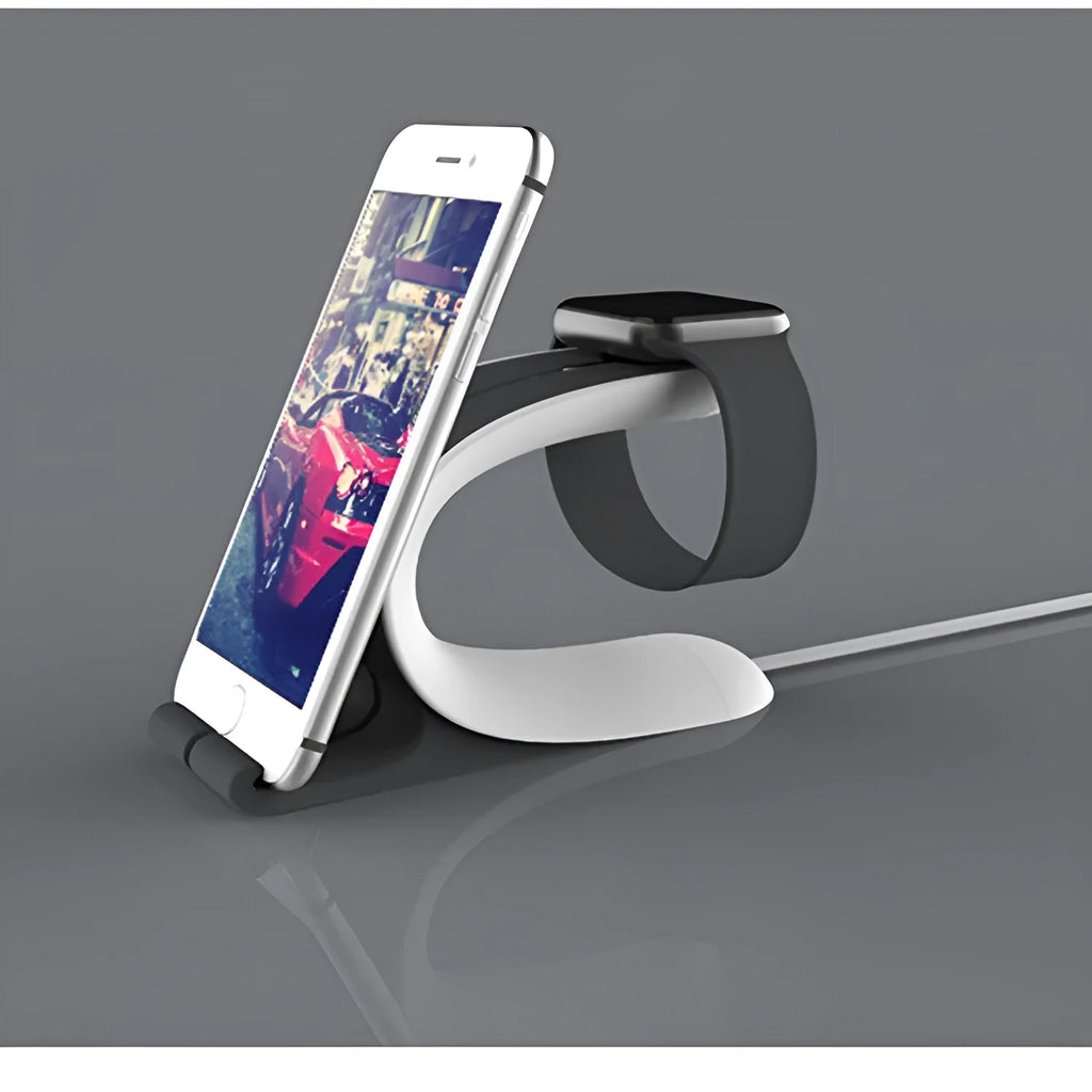 Grey desktop charging stand holding Apple iPhone and Apple Watch side by side