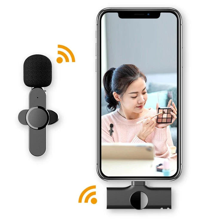 Wireless lavalier microphone with clip for smartphones, providing clear sound and long Bluetooth range for online meetings, video recording, and podcasting