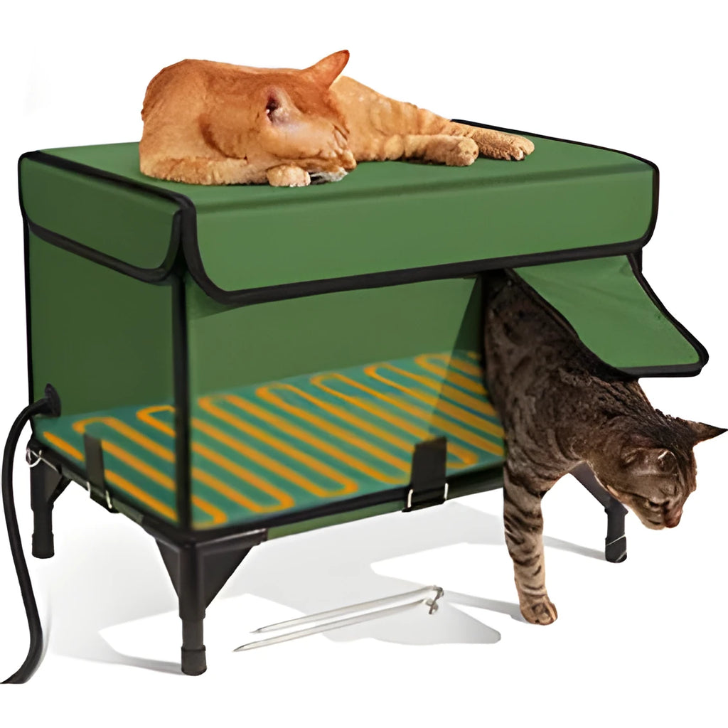 Green foldable cloth cat cage shown in an outdoor setting, available in S, M, and L sizes.