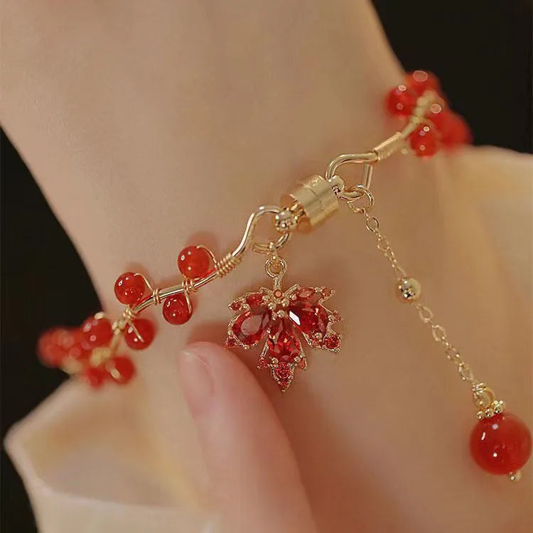 Red ginkgo leaf Chinese style magnetic bracelet with alloy electroplating