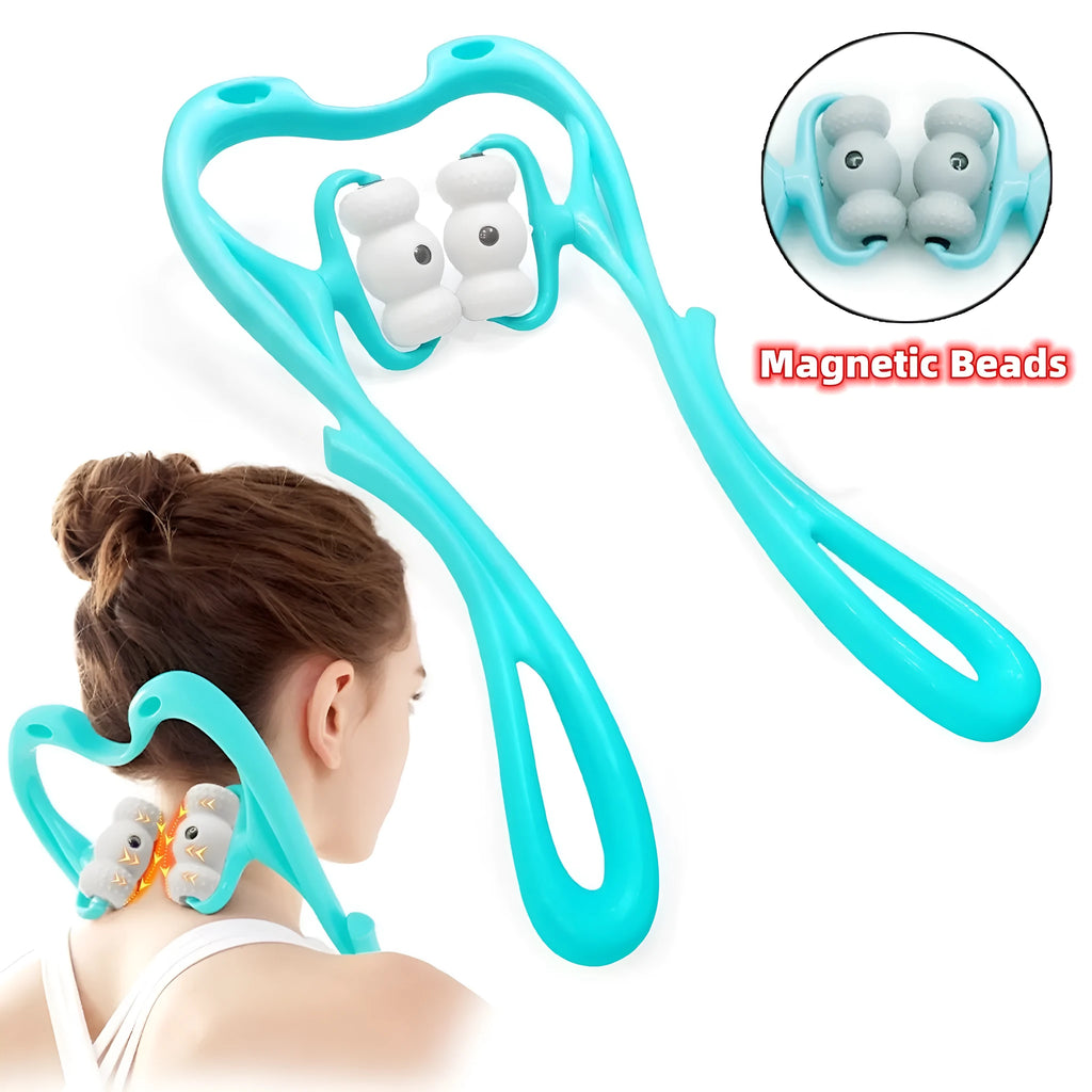 Blue handheld neck massager roller with 96 pressure point nodes on a white background.