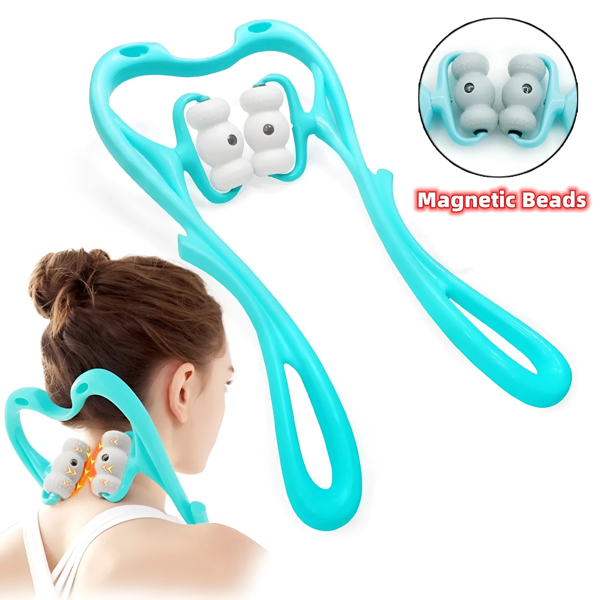 Blue handheld neck massager roller with 96 pressure point nodes on a white background.