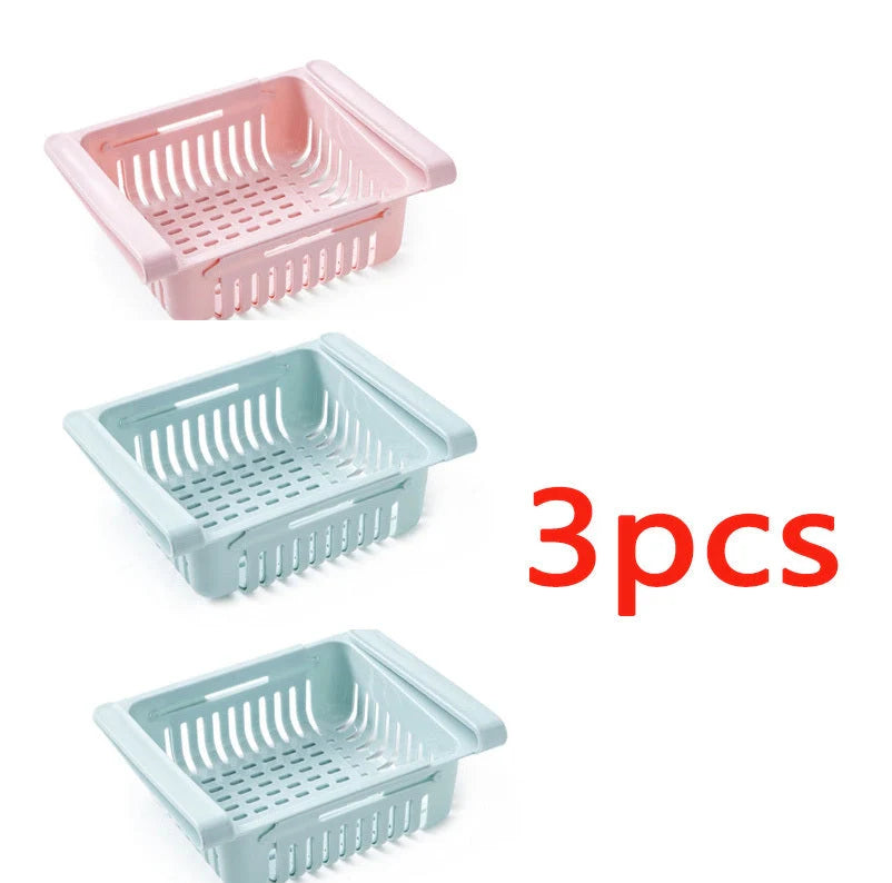 Stretchable refrigerator storage basket in white, blue, pink, and apricot colours