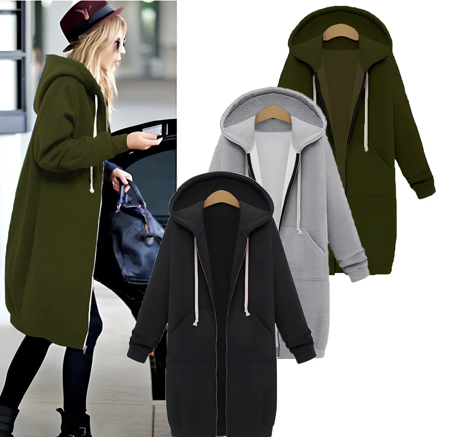 Women's hooded long-sleeved zipper jacket in army green, full length 106cm, 650g broadcloth for winter wear sizes S-5XL