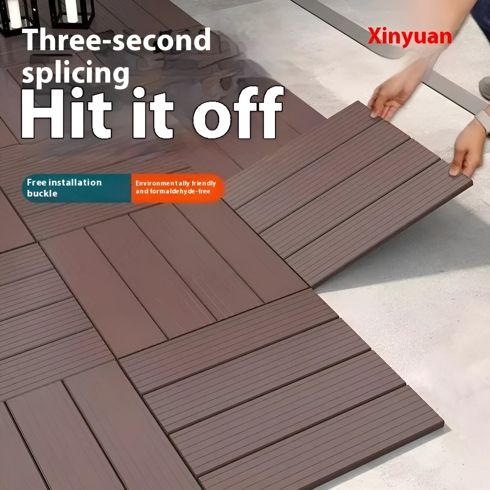 Ten wood grain style plastic floor tiles showing splicing edges and non-slip surface texture.