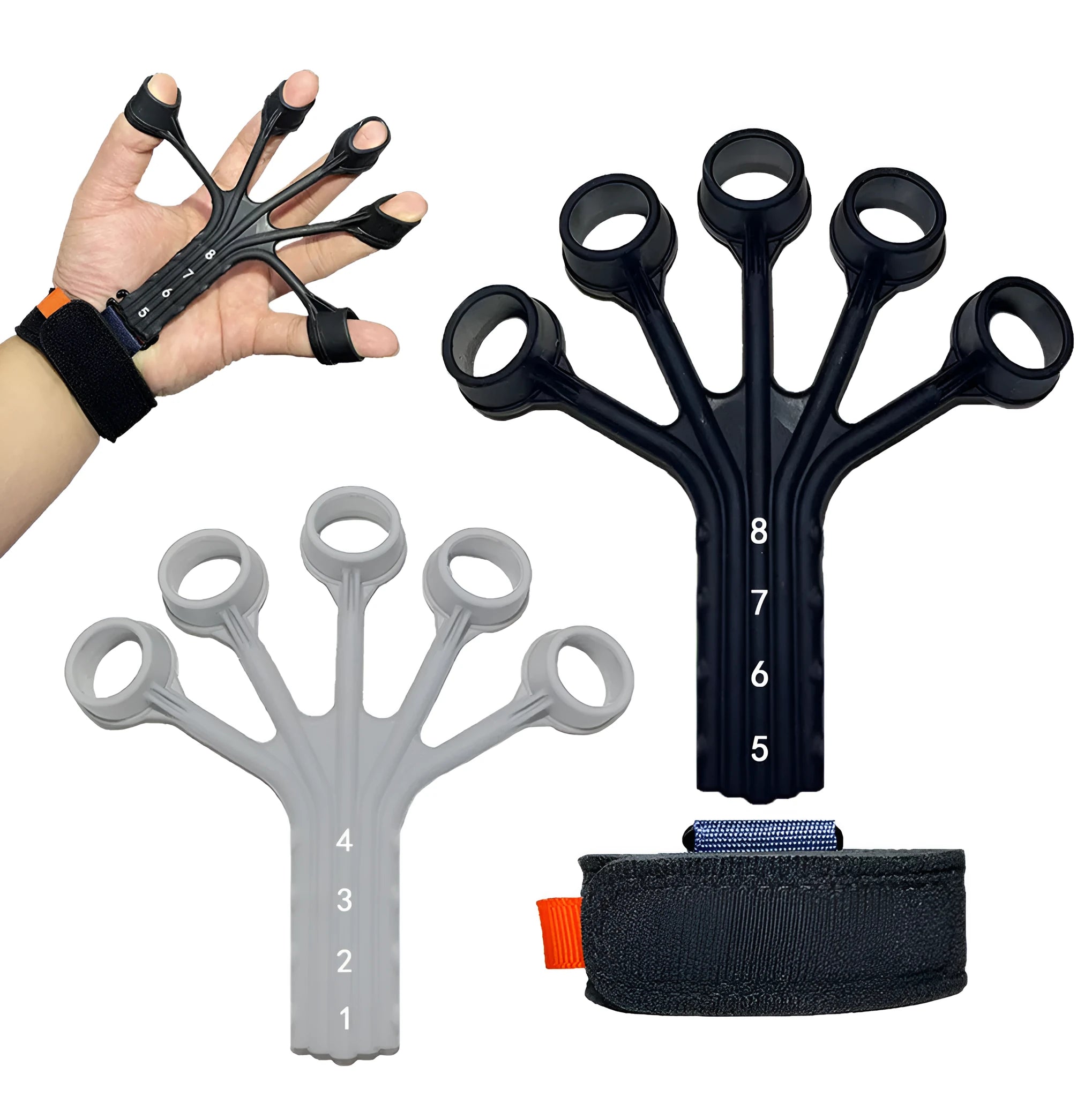 Black silicone finger flexion extension trainer with adjusting belt for hand rehabilitation