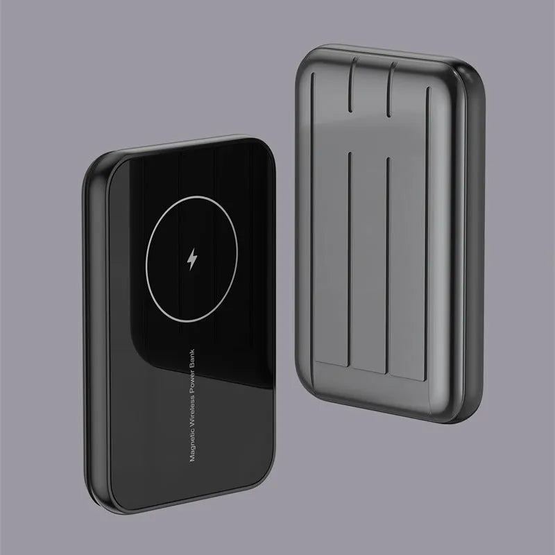 Blue 15W magnetic wireless power bank for iPhone showing front and side views.
