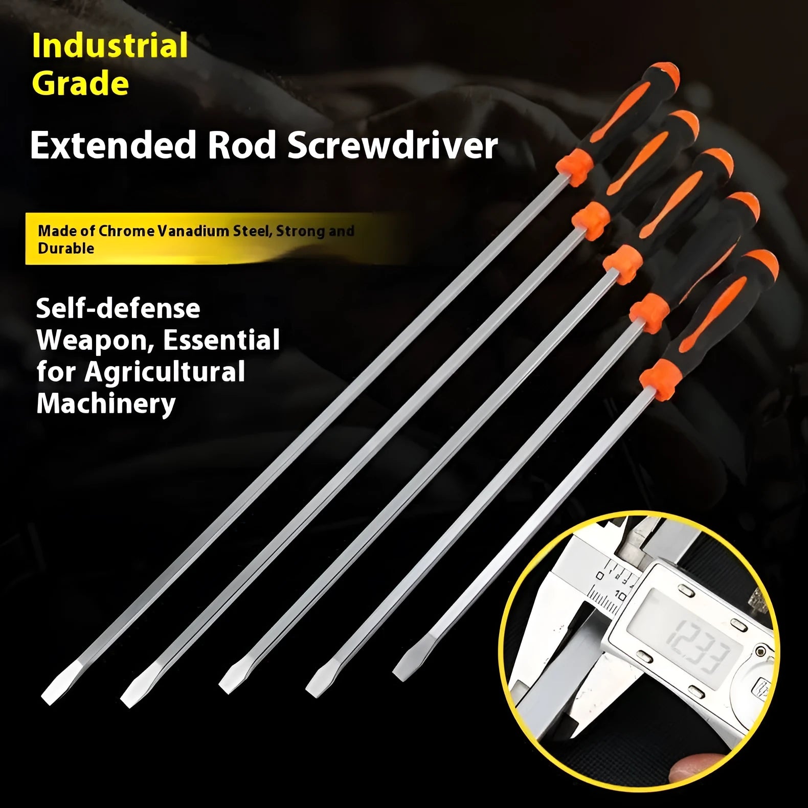 Lengthened high hardness screwdriver with carbon steel cutter head and plastic handle, shown by size options