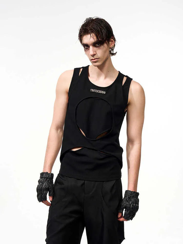 Men's loose fit sleeveless waistcoat vest in black shown on a hanger