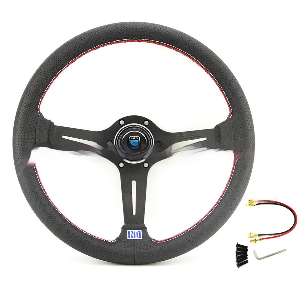 14-inch leather steering wheel with a concave centre and perforated grip, showing black skeleton option.