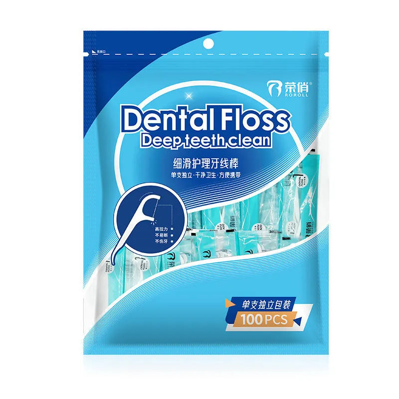 Portable plastic bag containing individually packaged high tensile disposable dental floss.