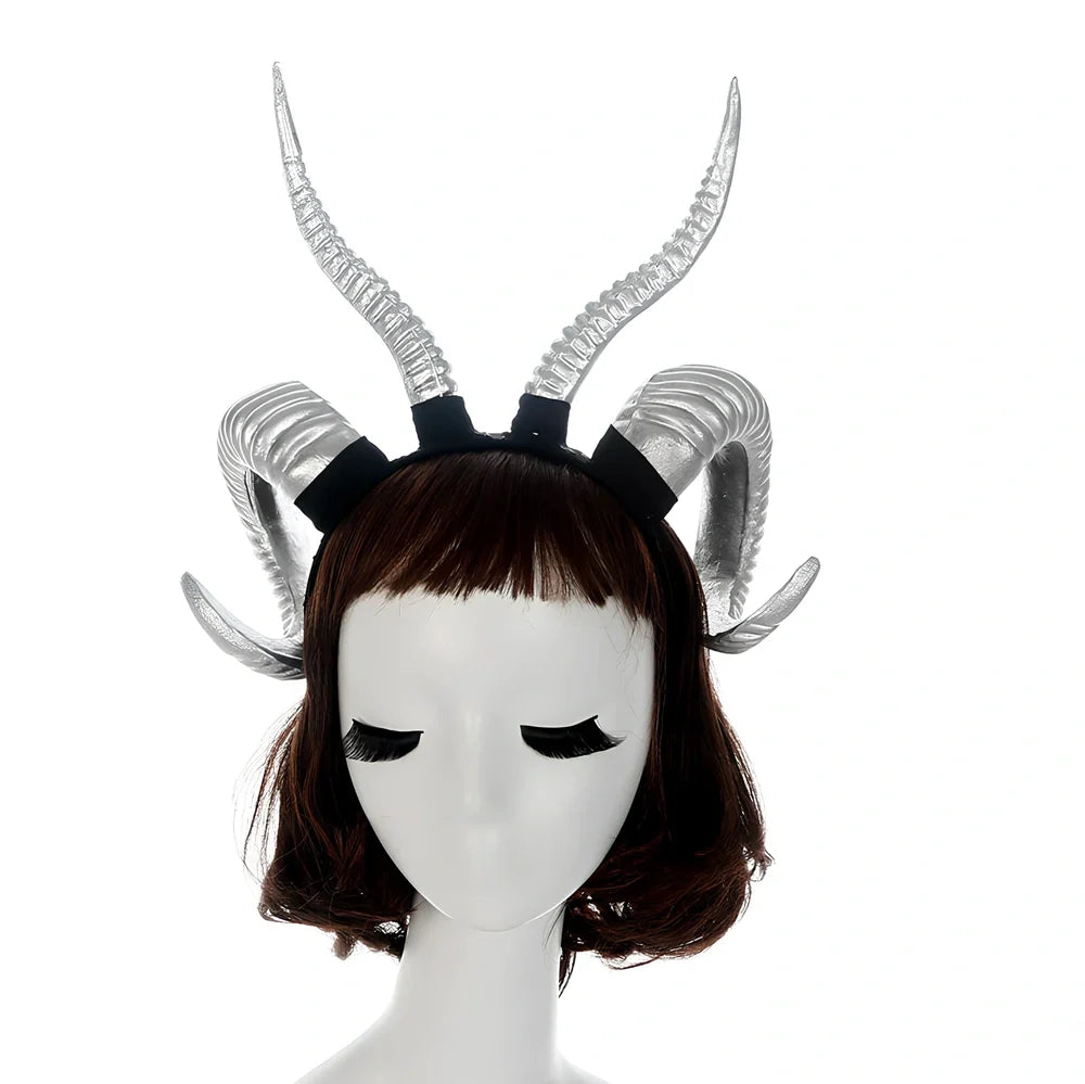 U-shaped simulation sheep horn headdress in black plastic-resin with plaid pattern, 15cm height for festivals