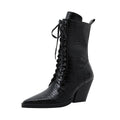 Dark brown women's ankle boot with retro stone pattern, pointed toe, and a chunky heel.
