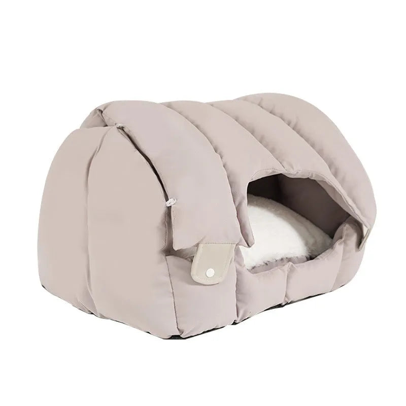 Arched deformable cat nest in green colour showing both enclosed and sofa configurations