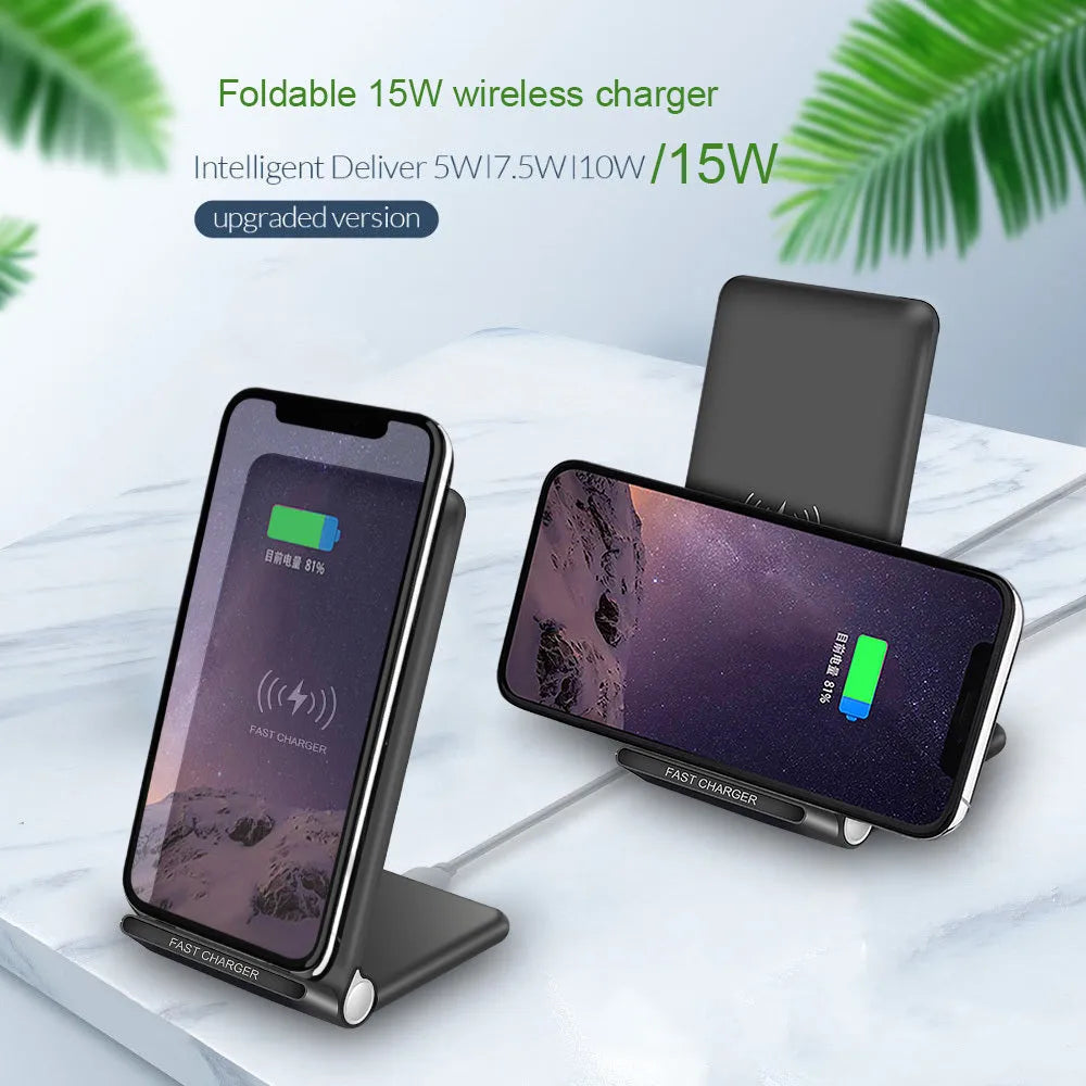 Black folding wireless charger stand with ABS material showing 15W Qi fast charging for phone and earbuds