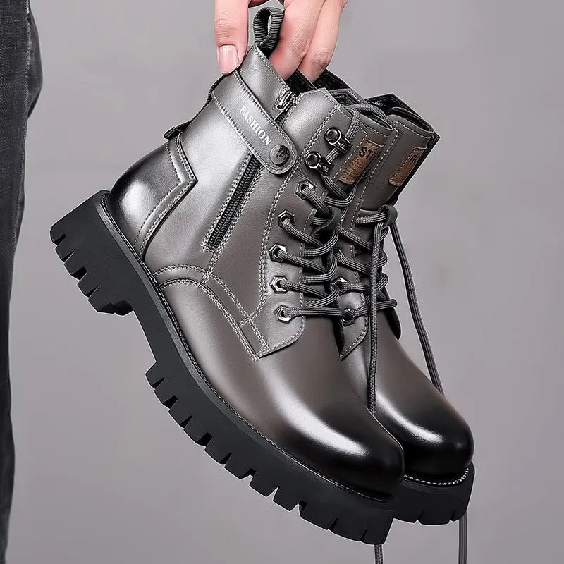 Men's light brown side-zip Martin boots with thick rubber sole and stitching detail.