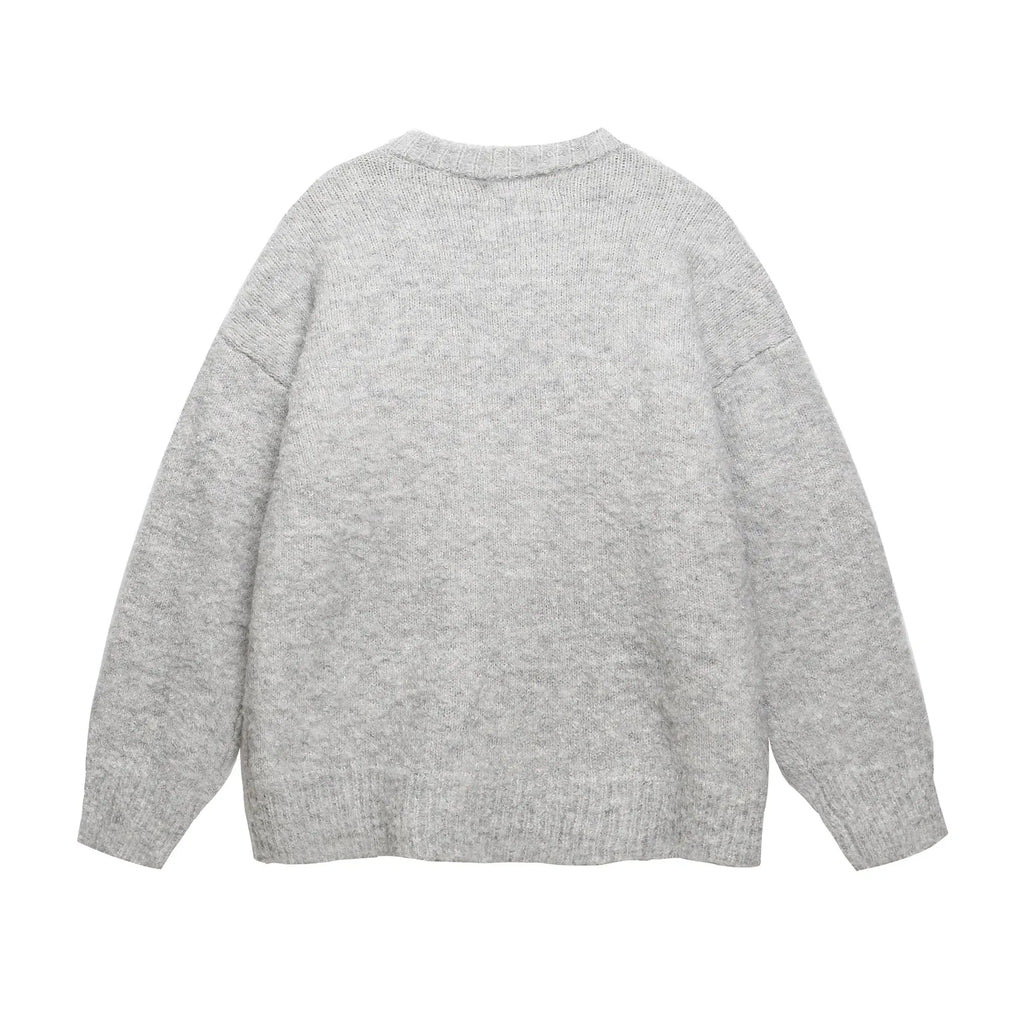Gray American retro round neck sweater with Christmas hat puppy embroidery design for teenagers, loose fit, polyester fabric