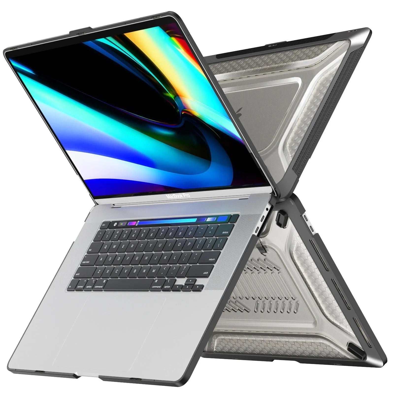 Hard protective shell case for MacBook laptop in cool black, starry grey, apricot, and blue colour options.