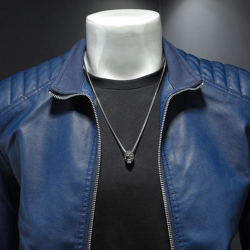 Men's black leather motorcycle jacket with stand collar and zipper front on display