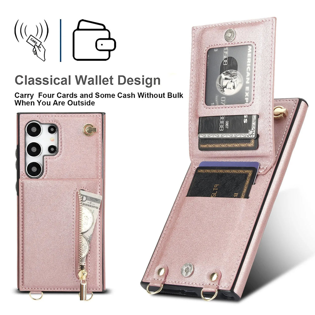 Samsung leather card holder crossbody phone case with zipper bracket in multiple colour options