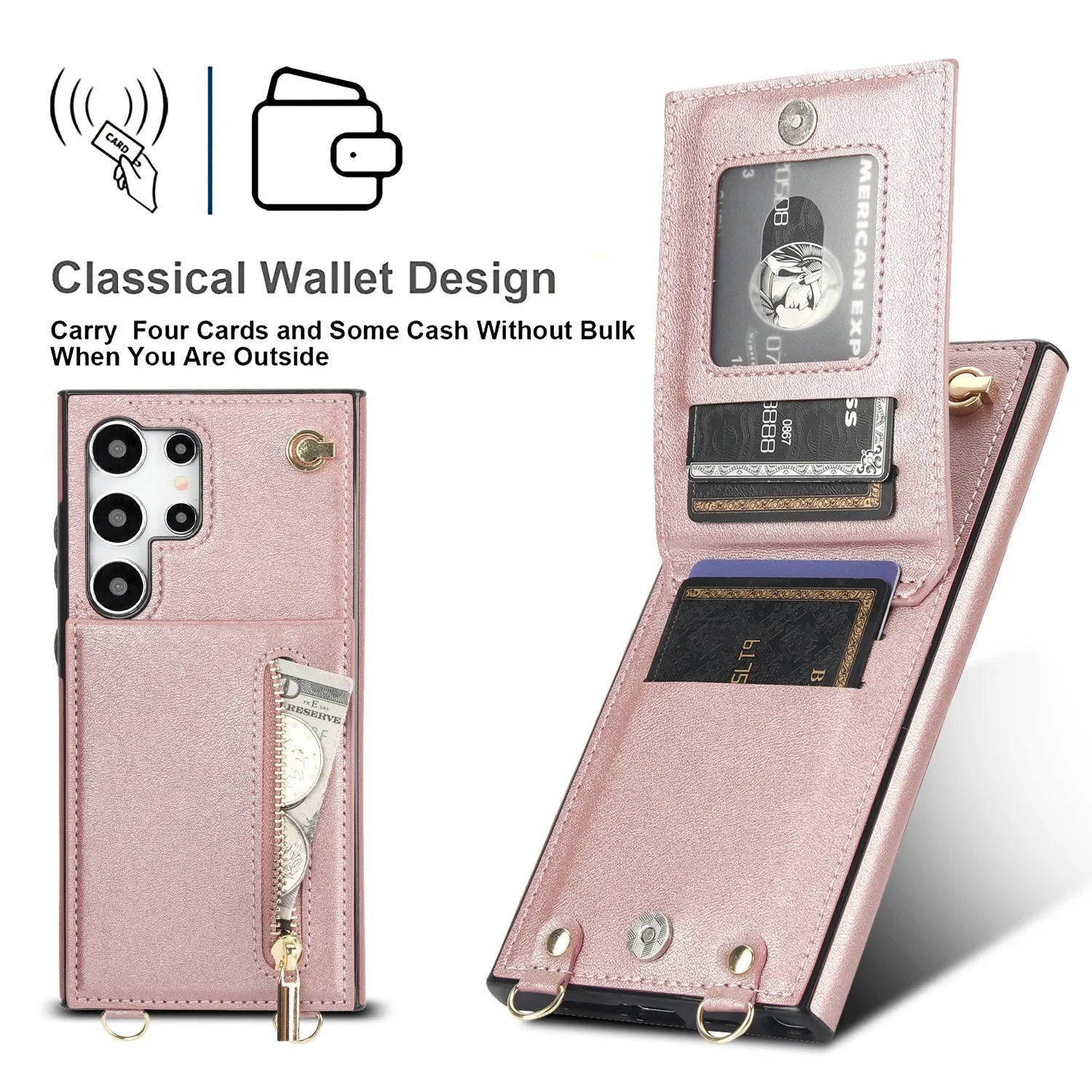 Samsung leather card holder crossbody phone case with zipper bracket in multiple colour options